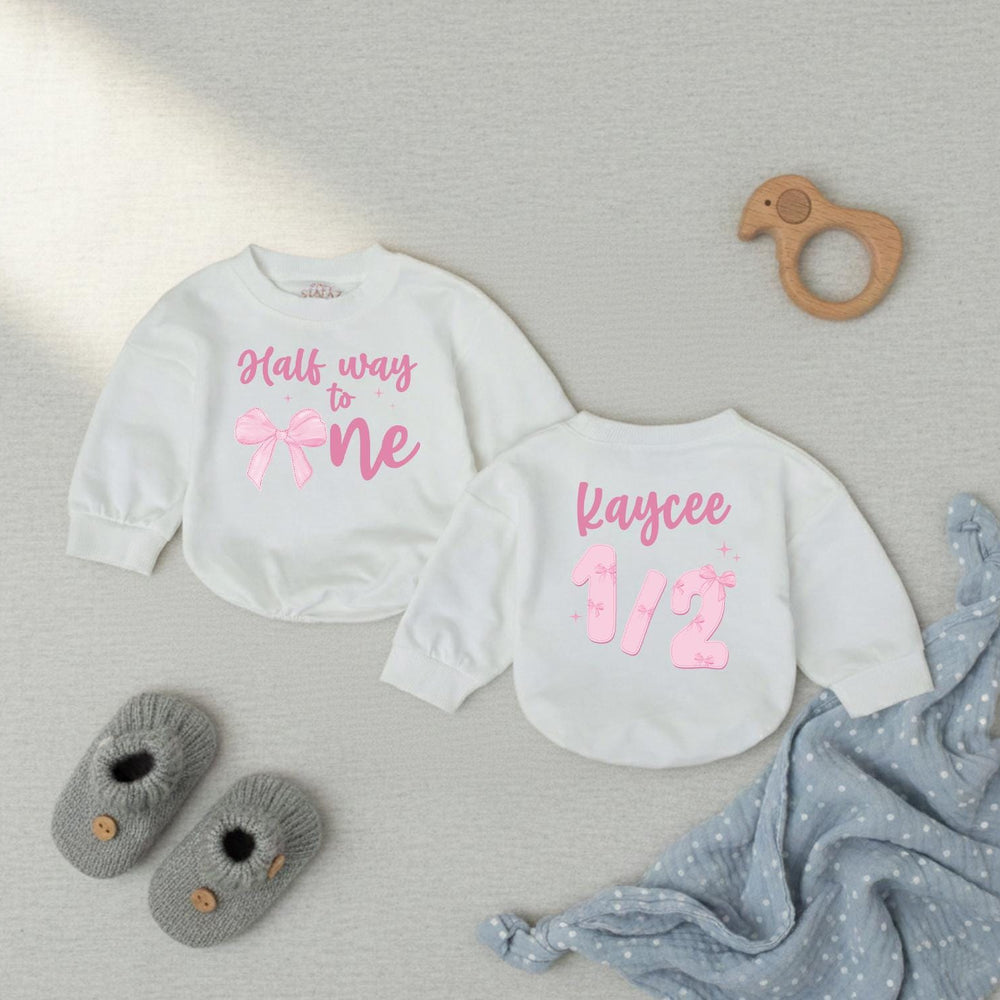 Personalized Half Way to One Baby Girl Romper with Pink Bow Design 6 Month Birthday Bodysuit Infant Milestone Outfit Sweet Gift