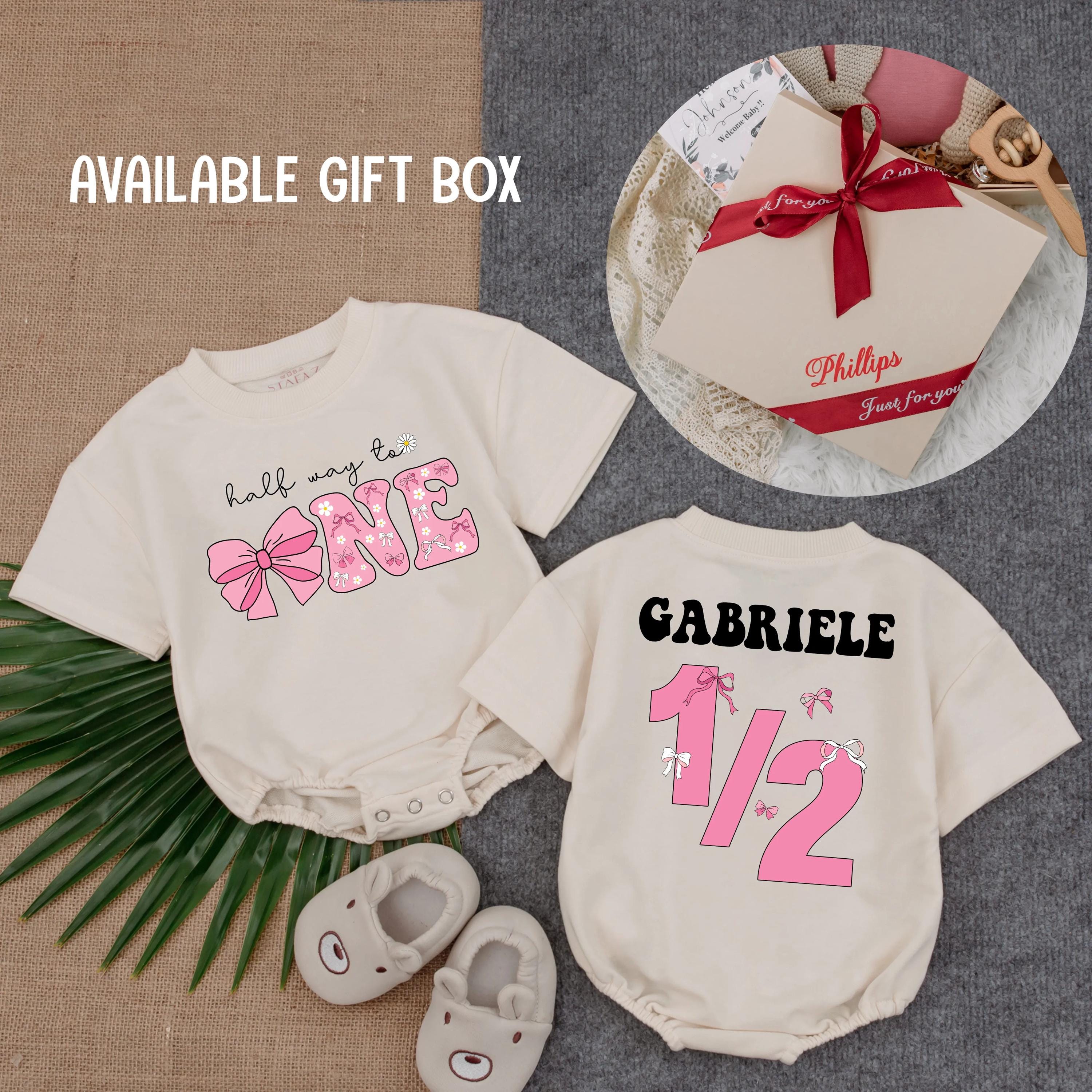 Personalized Half Way to One Baby Girl Romper Pink Bow Milestone Outfit 6 Month Birthday Bodysuit Cute Floral Half Birthday Gift
