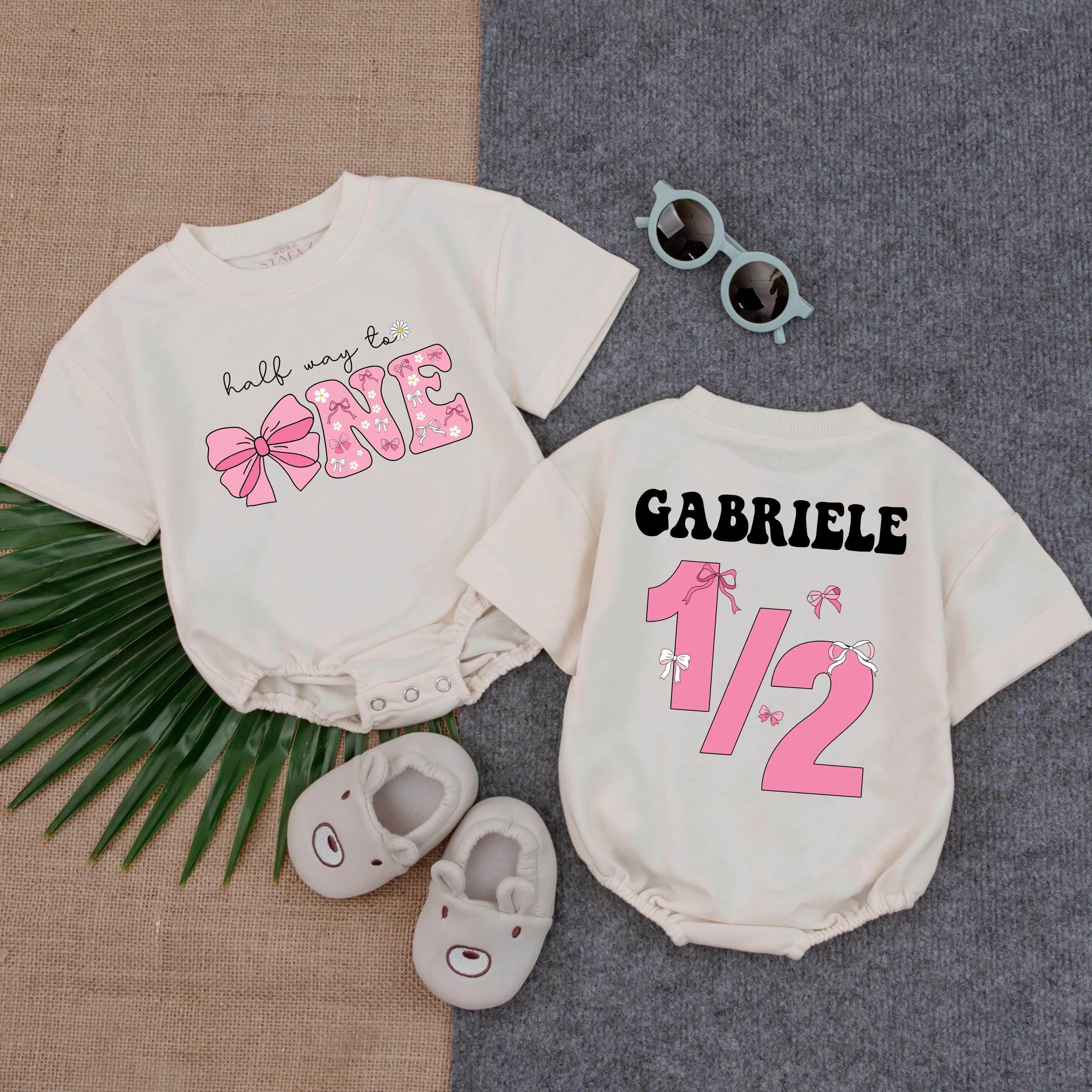 Personalized Half Way to One Baby Girl Romper Pink Bow Milestone Outfit 6 Month Birthday Bodysuit Cute Floral Half Birthday Gift