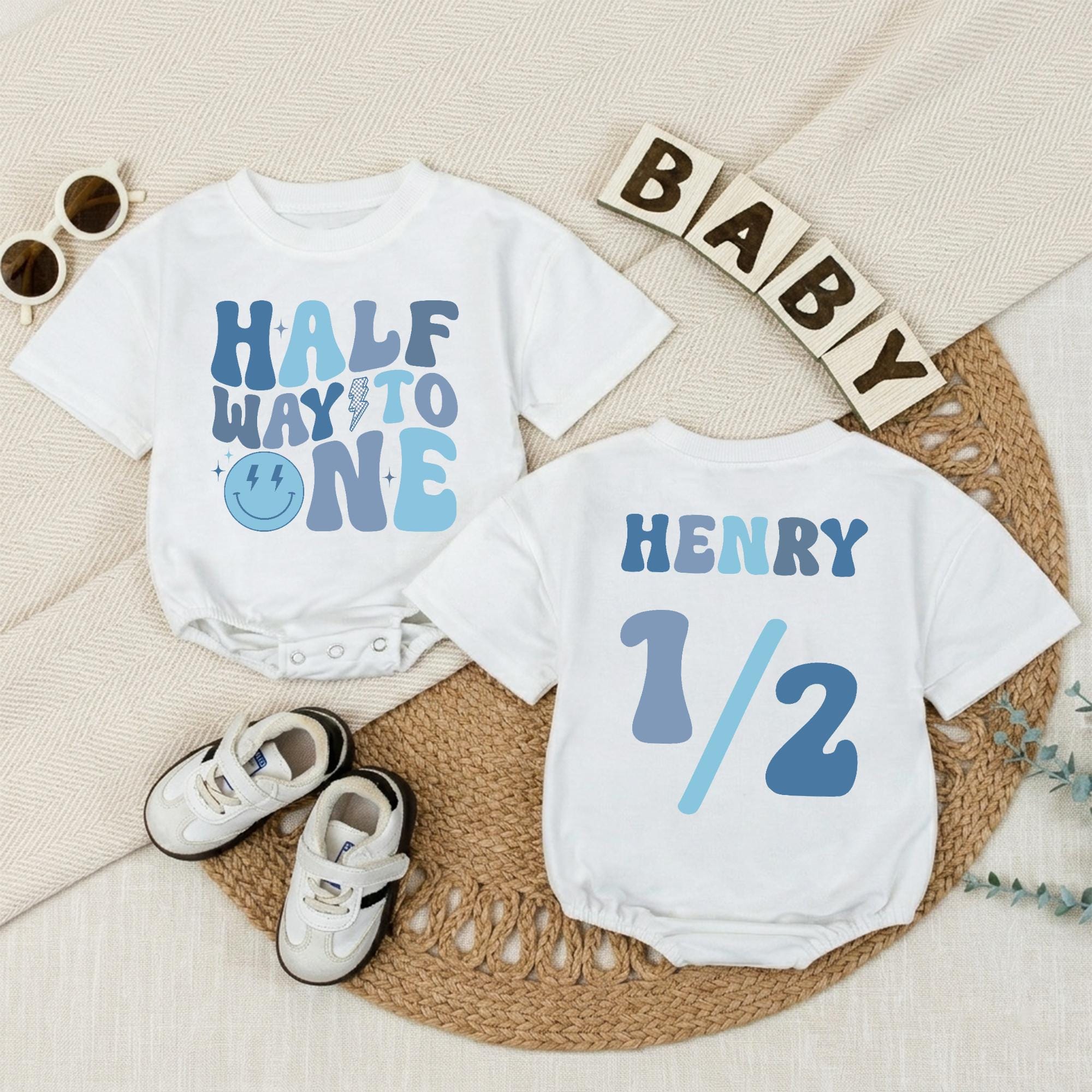 Personalized Half Way to One Baby Romper, Custom Blue Half Birthday Outfit for Baby Boy, Comfortable Cotton Short Sleeve Bodysuit