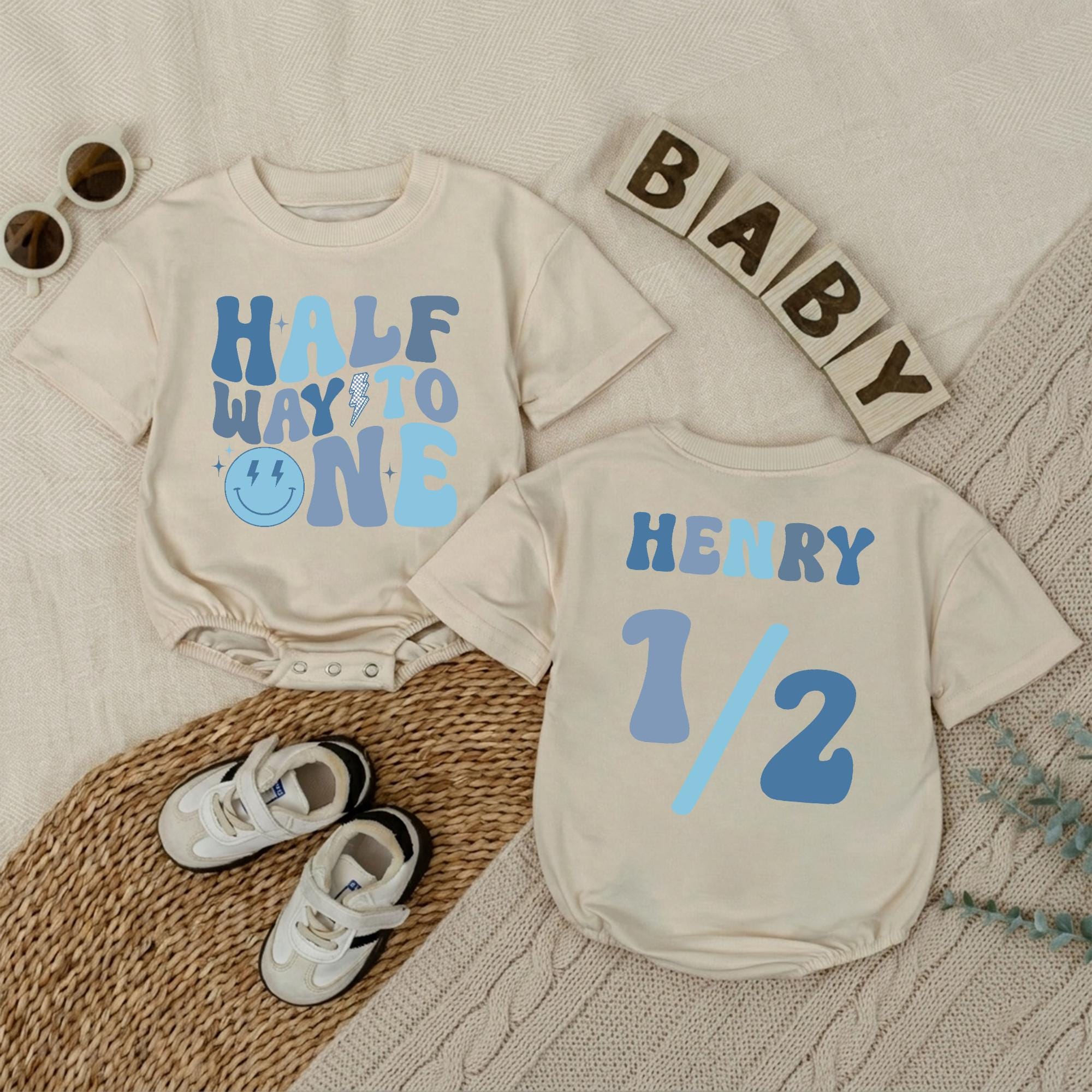 Personalized Half Way to One Baby Romper, Custom Blue Half Birthday Outfit for Baby Boy, Comfortable Cotton Short Sleeve Bodysuit