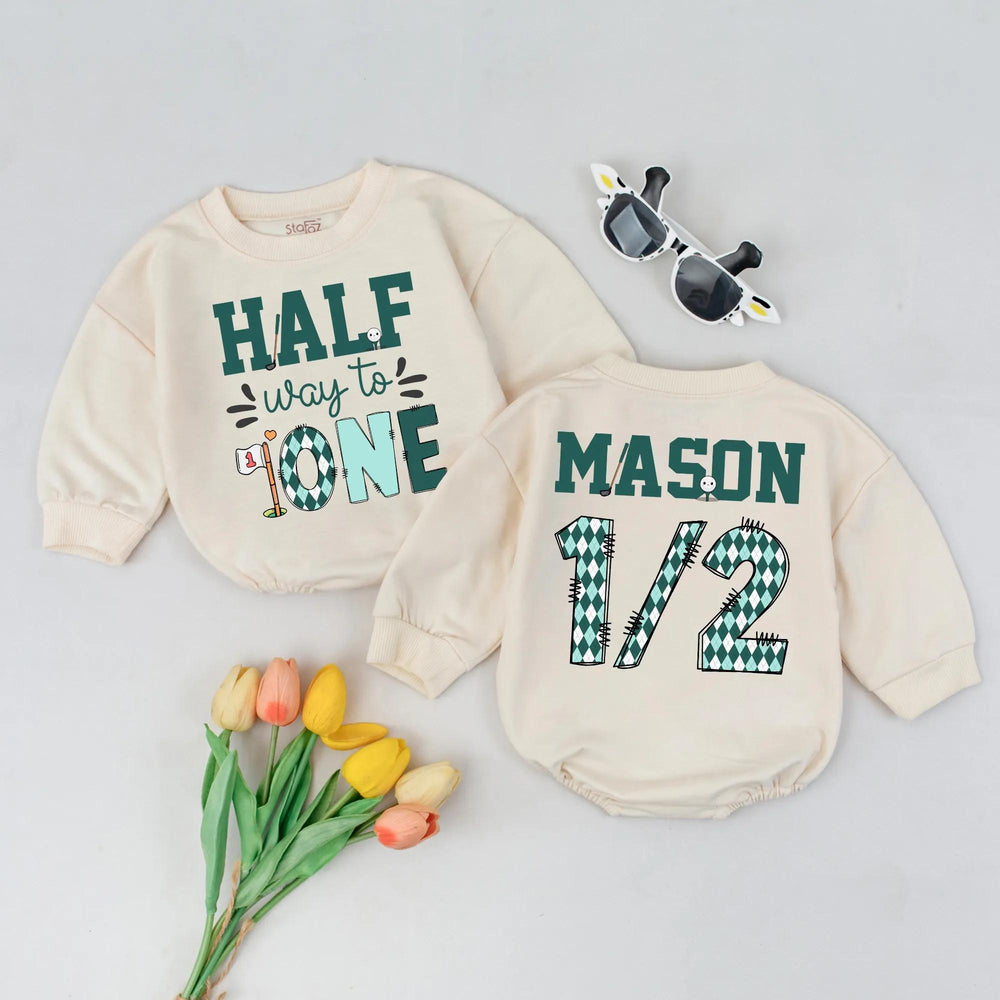 Personalized Half Way to One Baby Romper with Golf Theme Custom Name 1/2 Birthday Outfit Infant Boy Clothes 6 Month Party Gift
