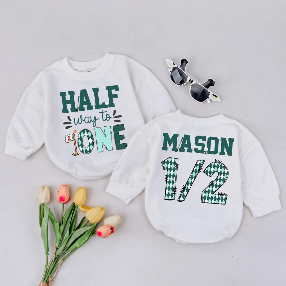 Personalized Half Way to One Baby Romper with Golf Theme Custom Name 1/2 Birthday Outfit Infant Boy Clothes 6 Month Party Gift
