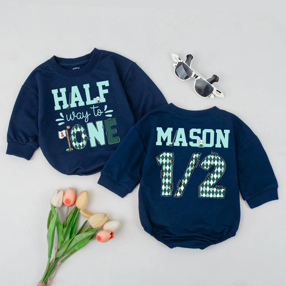 Personalized Half Way to One Baby Romper with Golf Theme Custom Name 1/2 Birthday Outfit Infant Boy Clothes 6 Month Party Gift