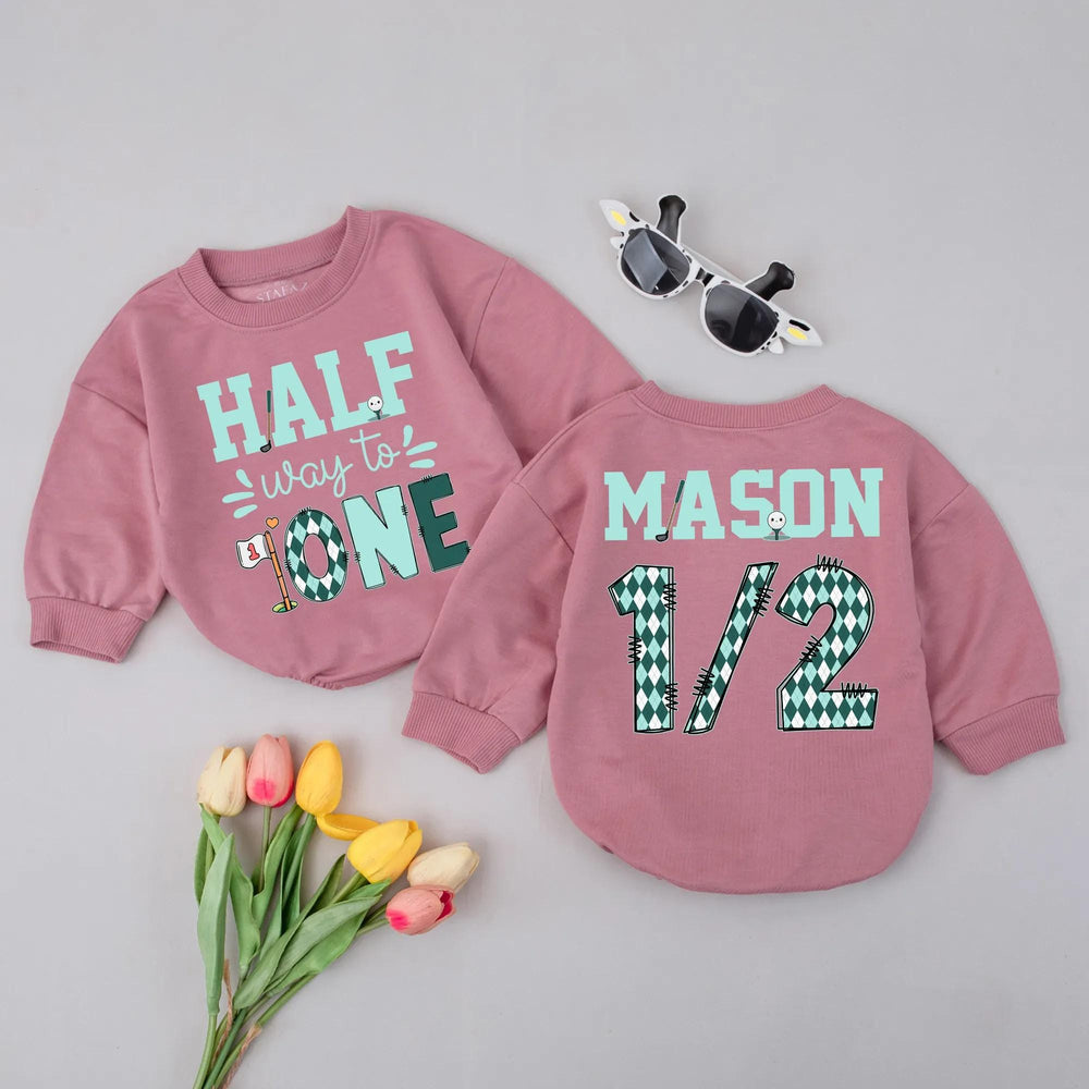 Personalized Half Way to One Baby Romper with Golf Theme Custom Name 1/2 Birthday Outfit Infant Boy Clothes 6 Month Party Gift