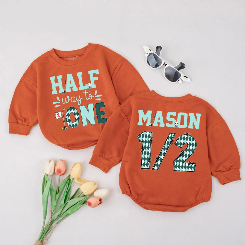 Personalized Half Way to One Baby Romper with Golf Theme Custom Name 1/2 Birthday Outfit Infant Boy Clothes 6 Month Party Gift