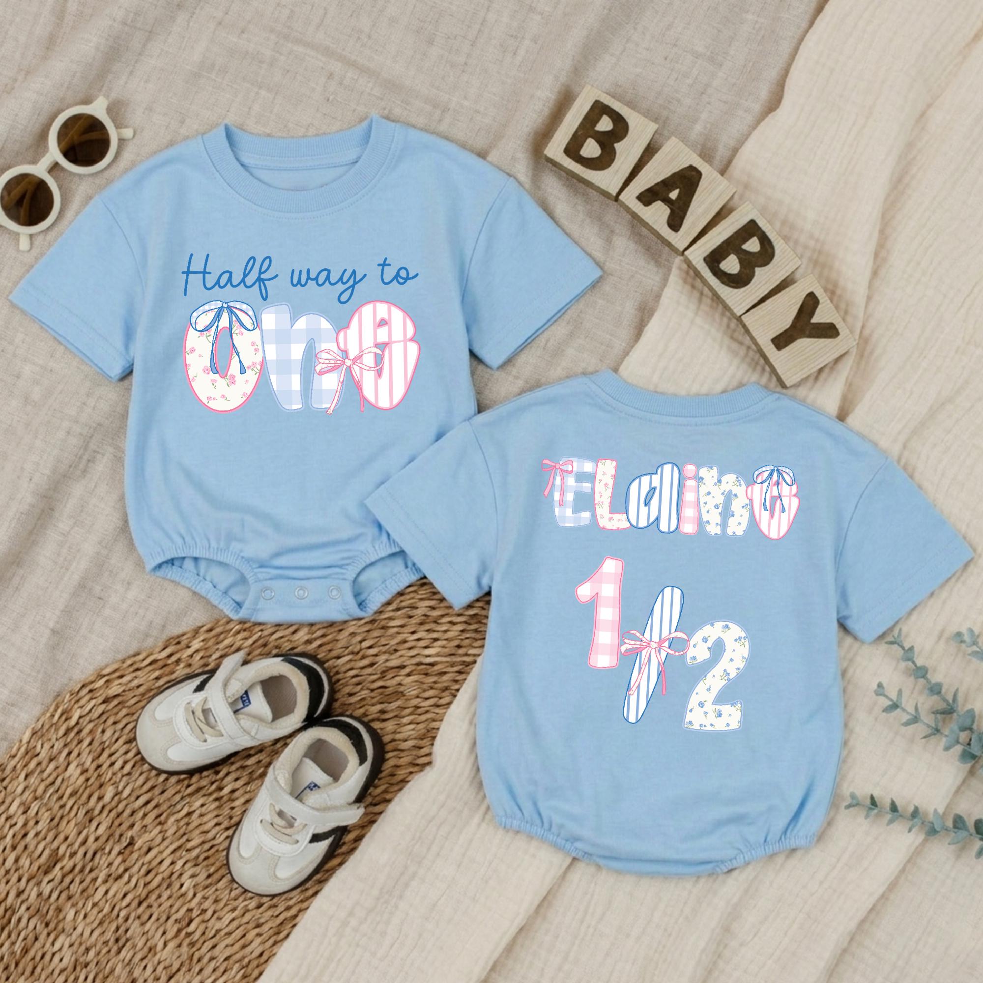 Personalized Half Way to One Baby Romper with Preppy Floral Bow Design, 6 Month Birthday Girl Outfit, Soft and Sweet Milestone Gift