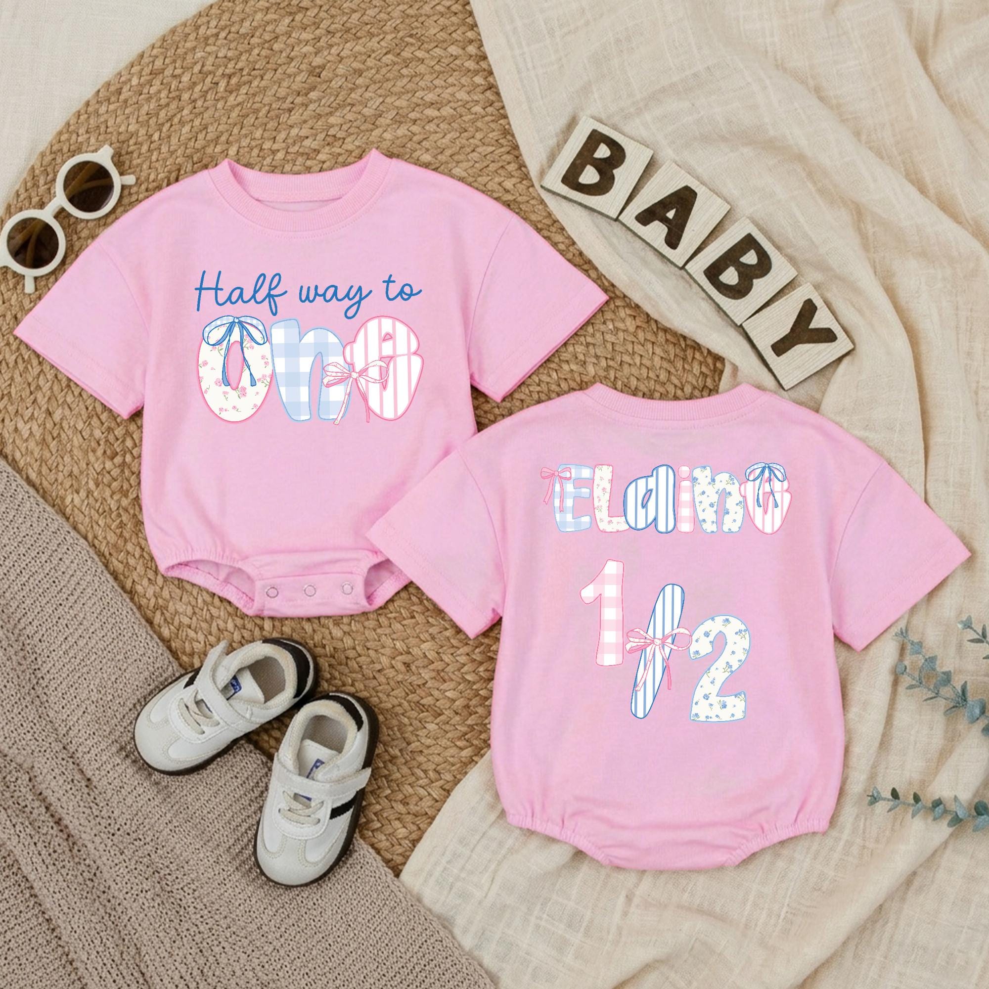 Personalized Half Way to One Baby Romper with Preppy Floral Bow Design, 6 Month Birthday Girl Outfit, Soft and Sweet Milestone Gift