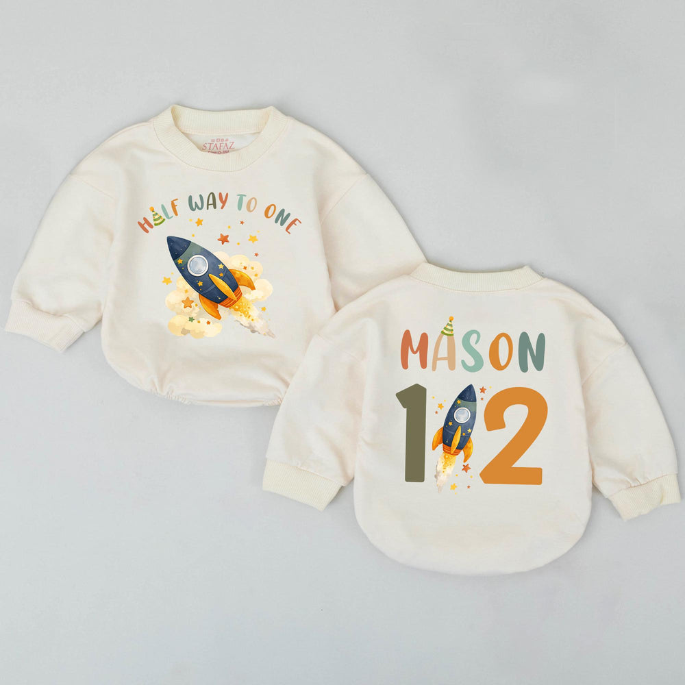 Personalized Half Way to One Boy Rocket Birthday Shirt 6 Month Outfit, Custom Space Design Vintage Colors Celebration Clothes Gift