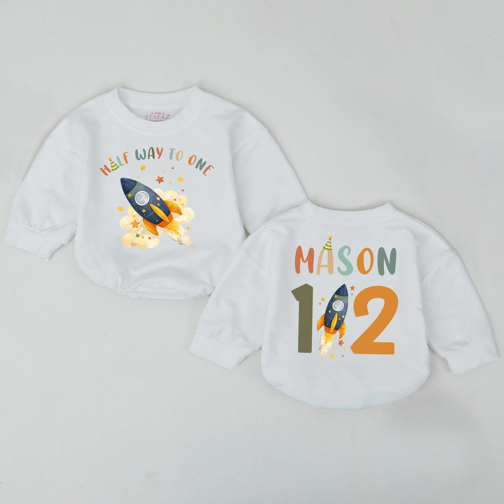 Personalized Half Way to One Boy Rocket Birthday Shirt 6 Month Outfit, Custom Space Design Vintage Colors Celebration Clothes Gift