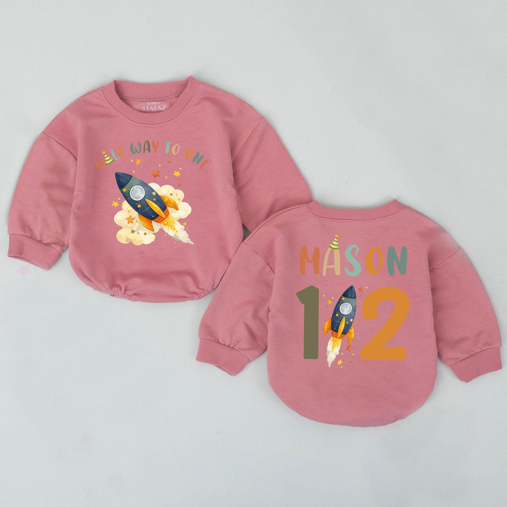 Personalized Half Way to One Boy Rocket Birthday Shirt 6 Month Outfit, Custom Space Design Vintage Colors Celebration Clothes Gift