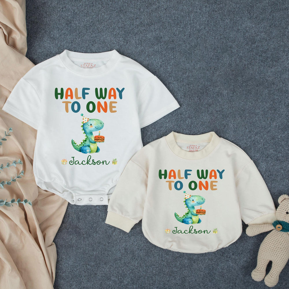 Personalized Half Way to One Dinosaur Baby Romper for 6 Month Birthday, Soft Cotton Outfit with Name, Cute Party Hat and Cake Design