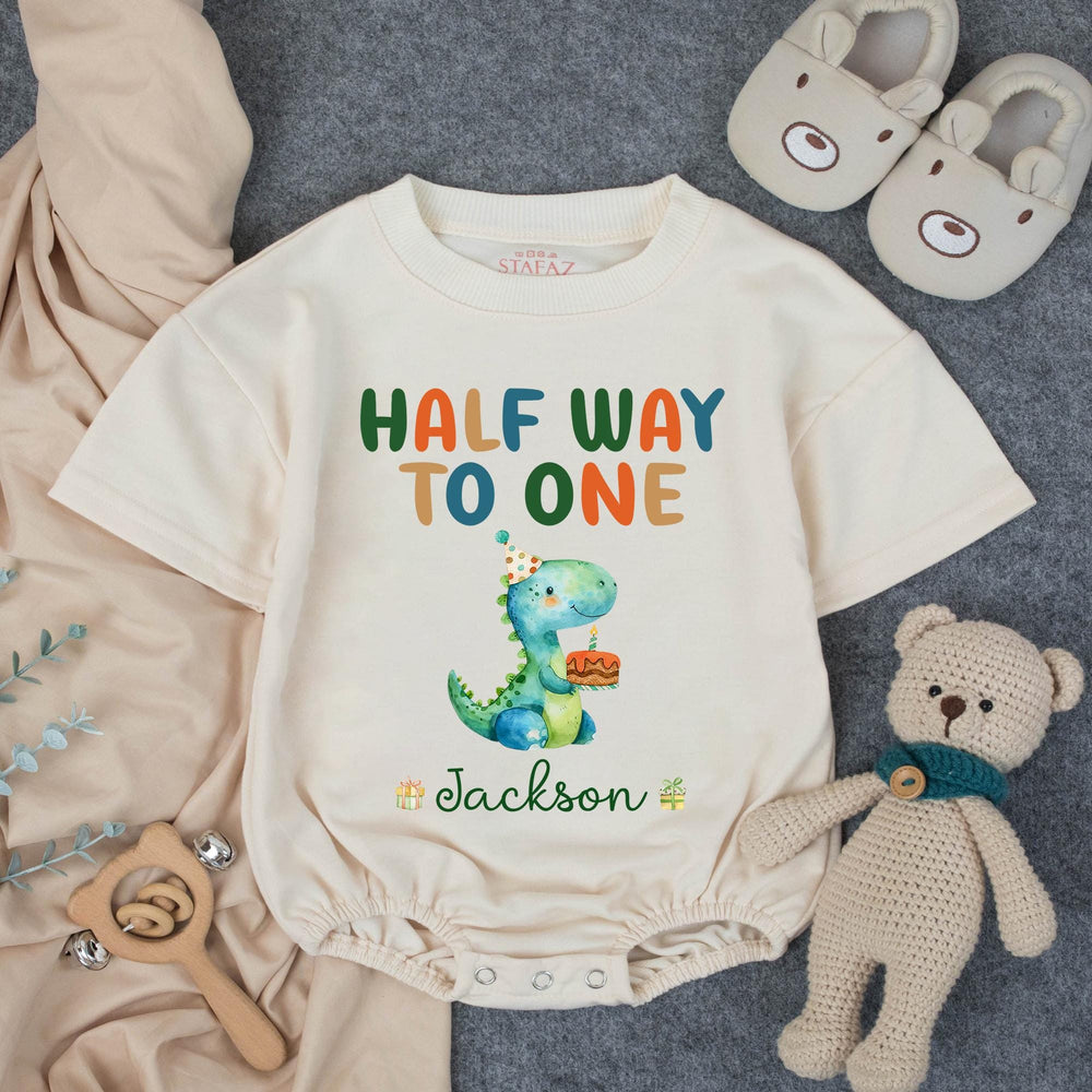 Personalized Half Way to One Dinosaur Baby Romper for 6 Month Birthday, Soft Cotton Outfit with Name, Cute Party Hat and Cake Design