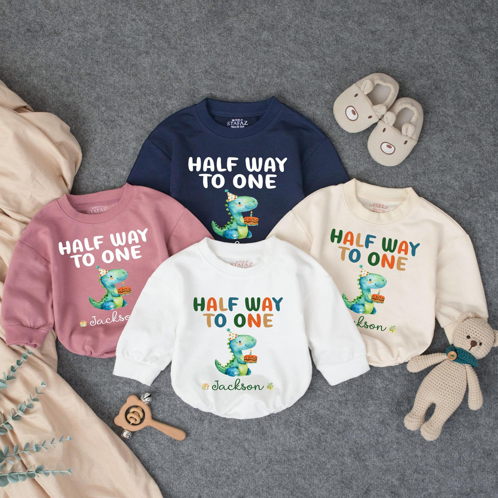 Personalized Half Way to One Dinosaur Baby Romper for 6 Month Birthday, Soft Cotton Outfit with Name, Cute Party Hat and Cake Design