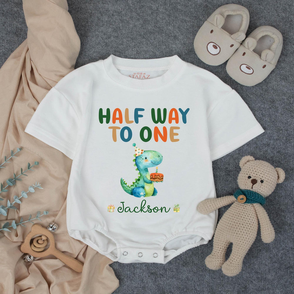 Personalized Half Way to One Dinosaur Baby Romper for 6 Month Birthday, Soft Cotton Outfit with Name, Cute Party Hat and Cake Design