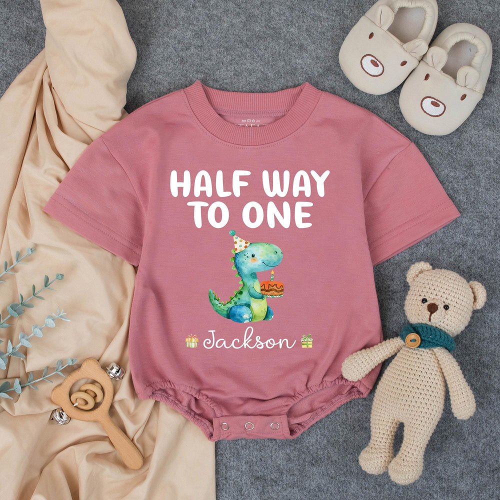 Personalized Half Way to One Dinosaur Baby Romper for 6 Month Birthday, Soft Cotton Outfit with Name, Cute Party Hat and Cake Design