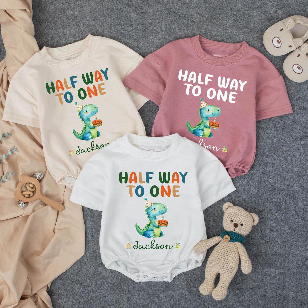Personalized Half Way to One Dinosaur Baby Romper for 6 Month Birthday, Soft Cotton Outfit with Name, Cute Party Hat and Cake Design