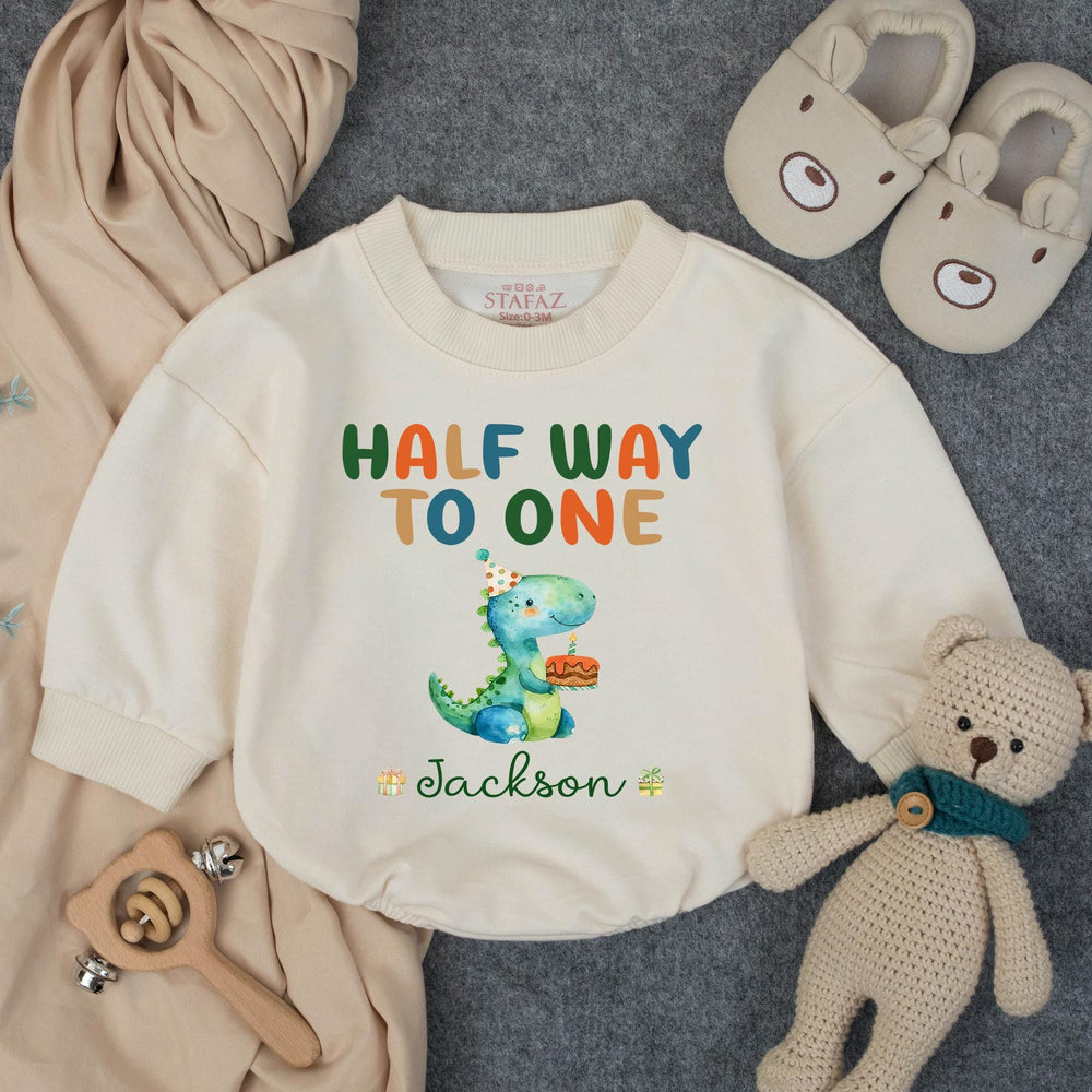 Personalized Half Way to One Dinosaur Baby Romper for 6 Month Birthday, Soft Cotton Outfit with Name, Cute Party Hat and Cake Design