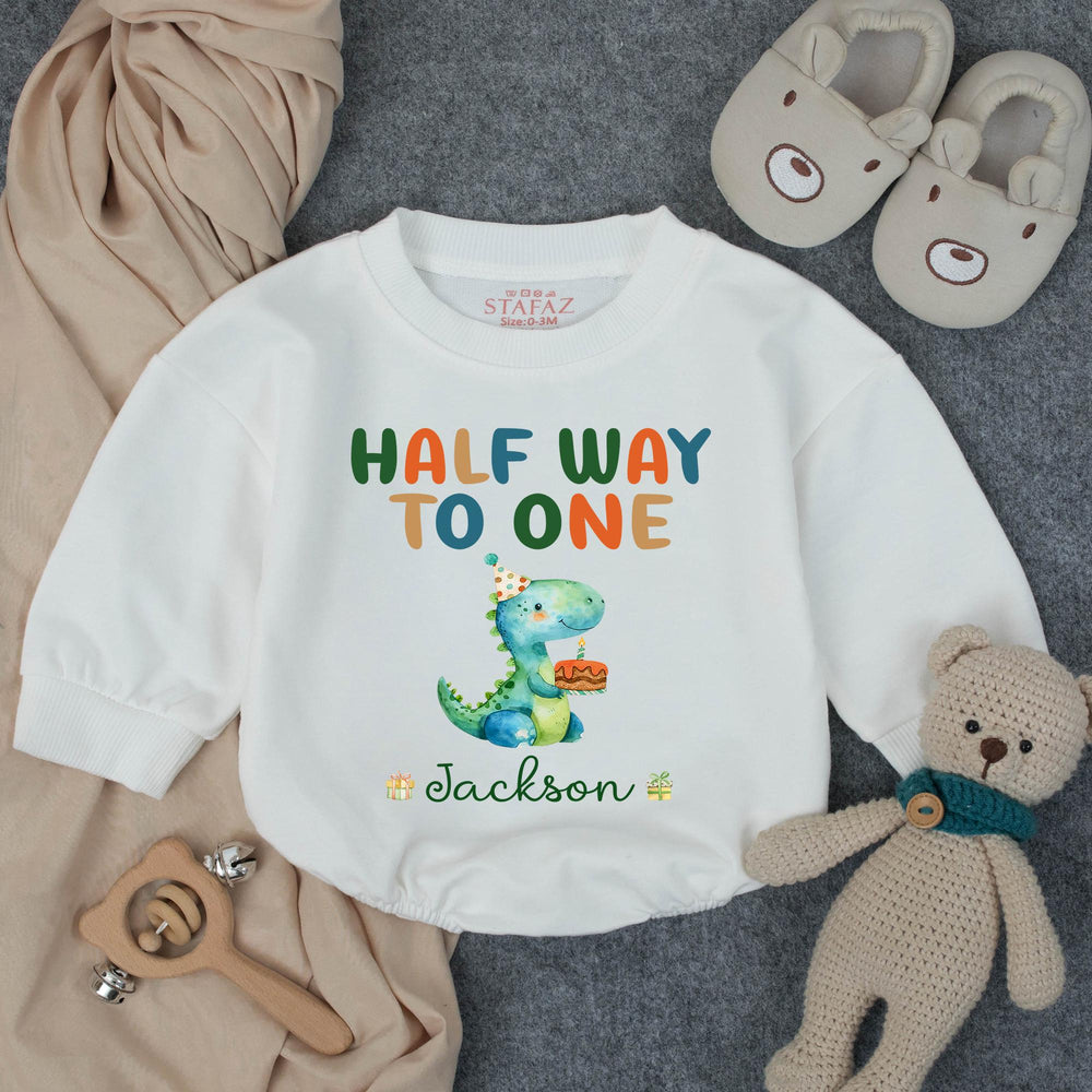 Personalized Half Way to One Dinosaur Baby Romper for 6 Month Birthday, Soft Cotton Outfit with Name, Cute Party Hat and Cake Design