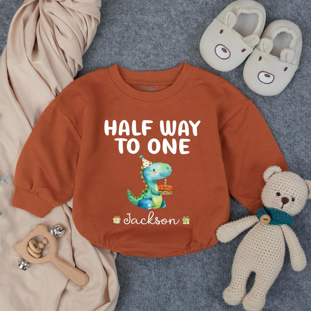 Personalized Half Way to One Dinosaur Baby Romper for 6 Month Birthday, Soft Cotton Outfit with Name, Cute Party Hat and Cake Design