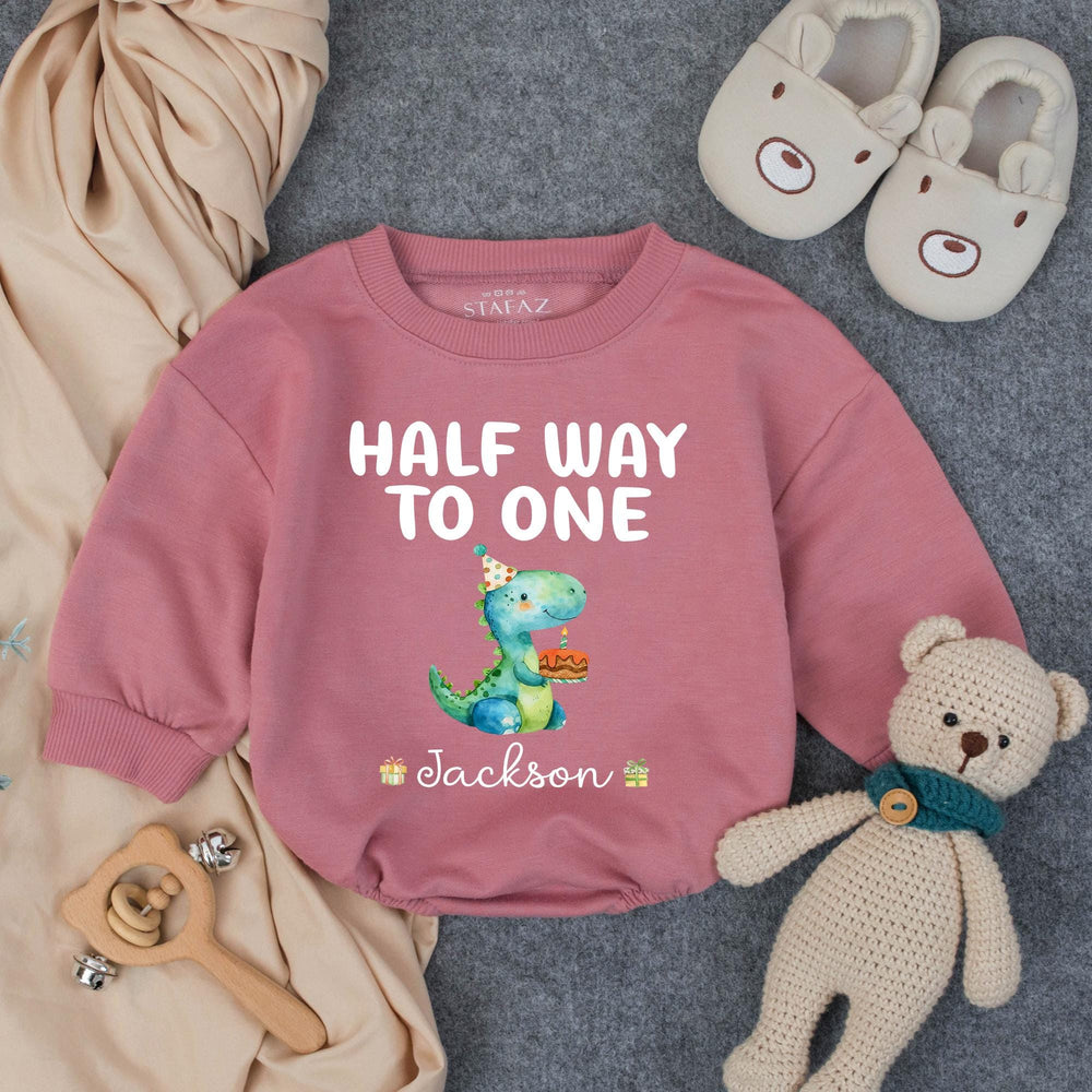 Personalized Half Way to One Dinosaur Baby Romper for 6 Month Birthday, Soft Cotton Outfit with Name, Cute Party Hat and Cake Design