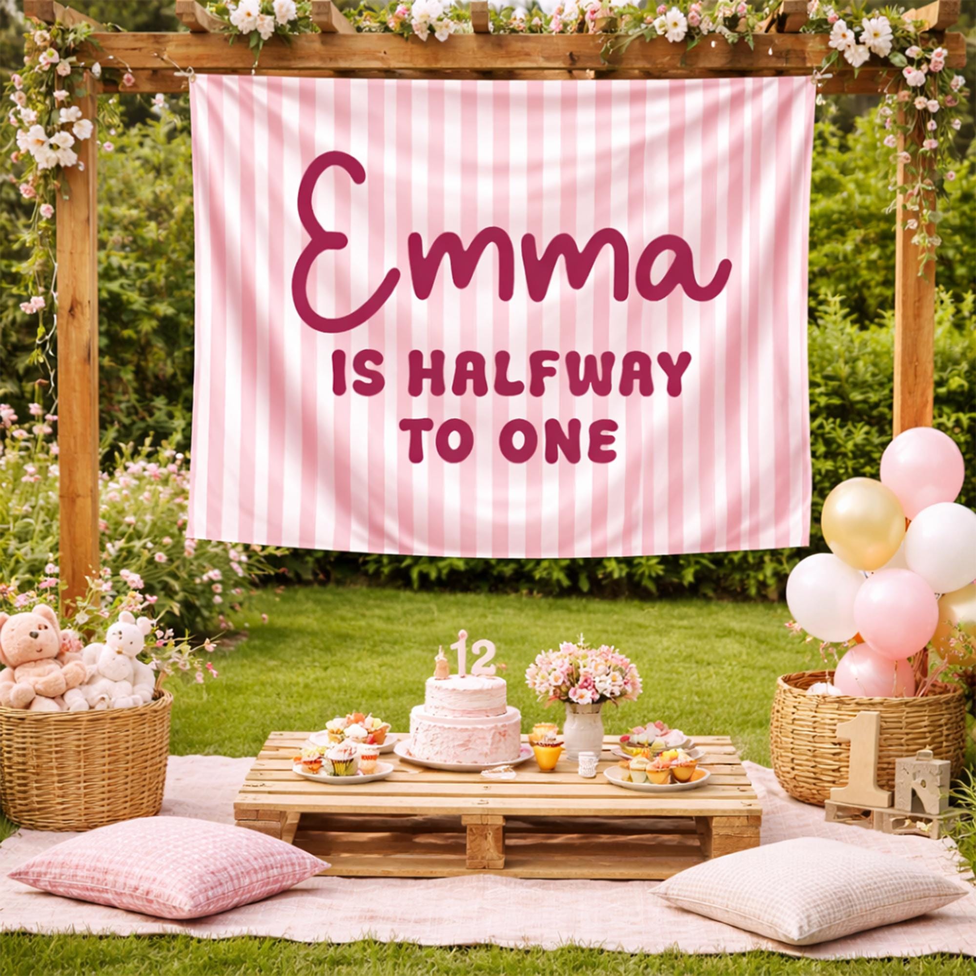 Personalized Half Way to One 6 Month Birthday Banner for Baby Party Decor, Custom Half Birthday Backdrop with Name for Milestone Celebration