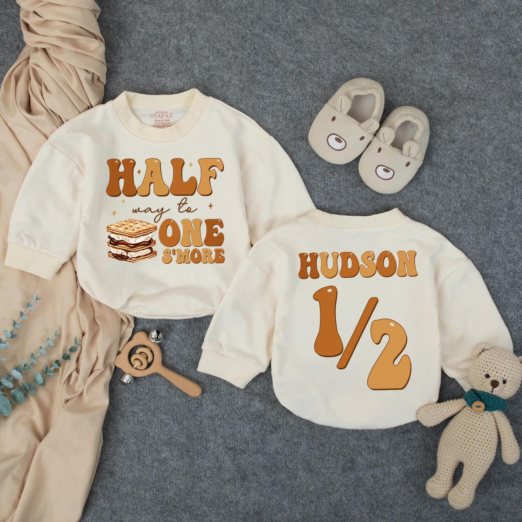Personalized Half Way to One S’more Baby Romper with Retro 70s Design, Half Birthday Outfit for Baby Boy or Girl, Custom Milestone Gift