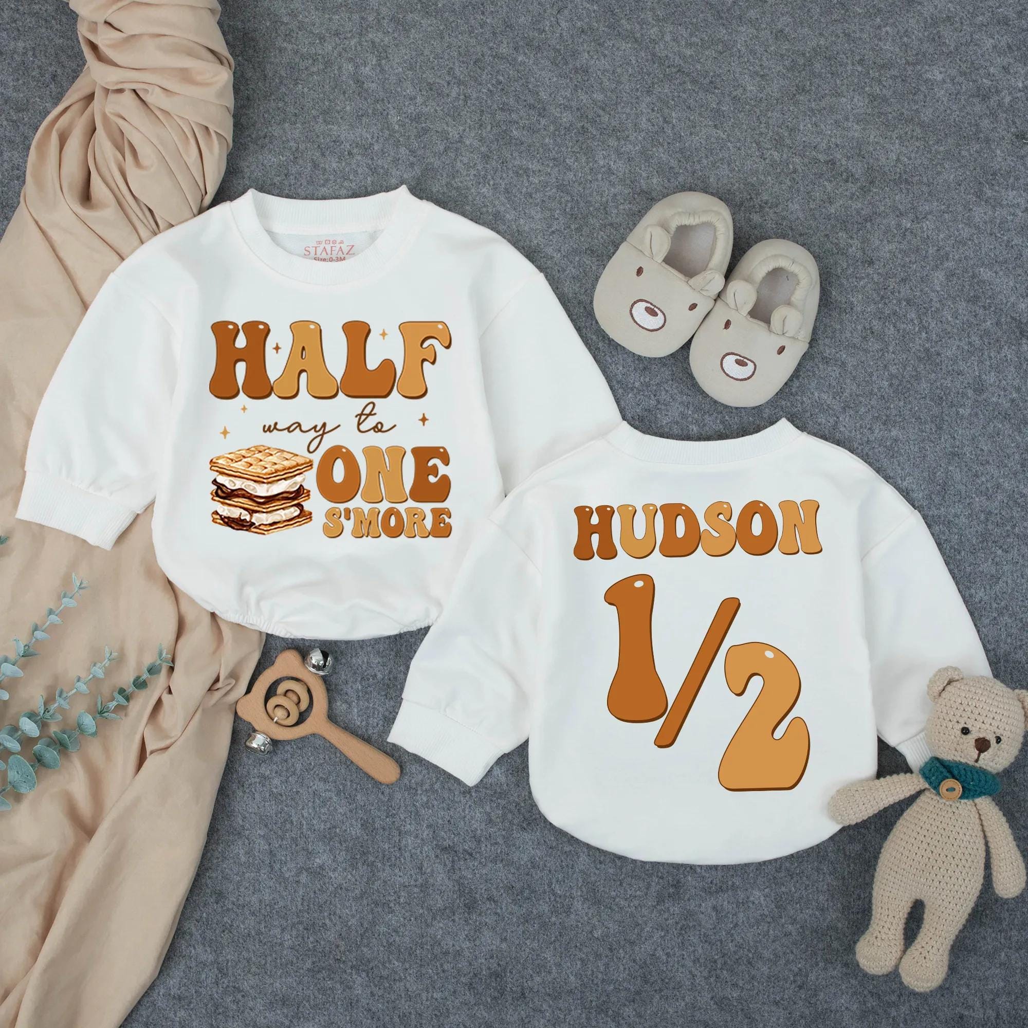 Personalized Half Way to One S’more Baby Romper with Retro 70s Design, Half Birthday Outfit for Baby Boy or Girl, Custom Milestone Gift