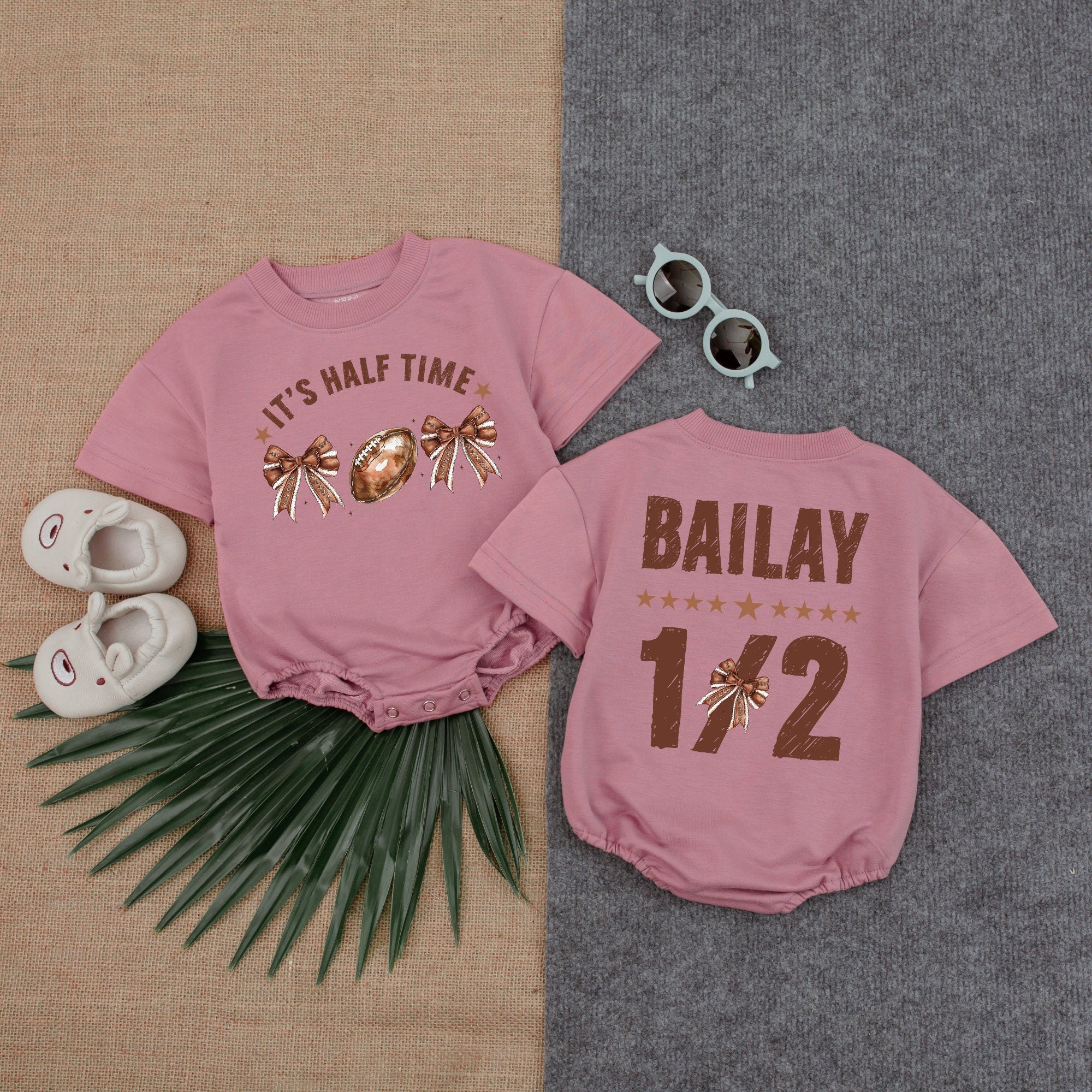 Personalized Halftime Romper for Girls Bow Football Theme Baby's Half Birthday Game Day Outfit Comfortable Soft Cotton