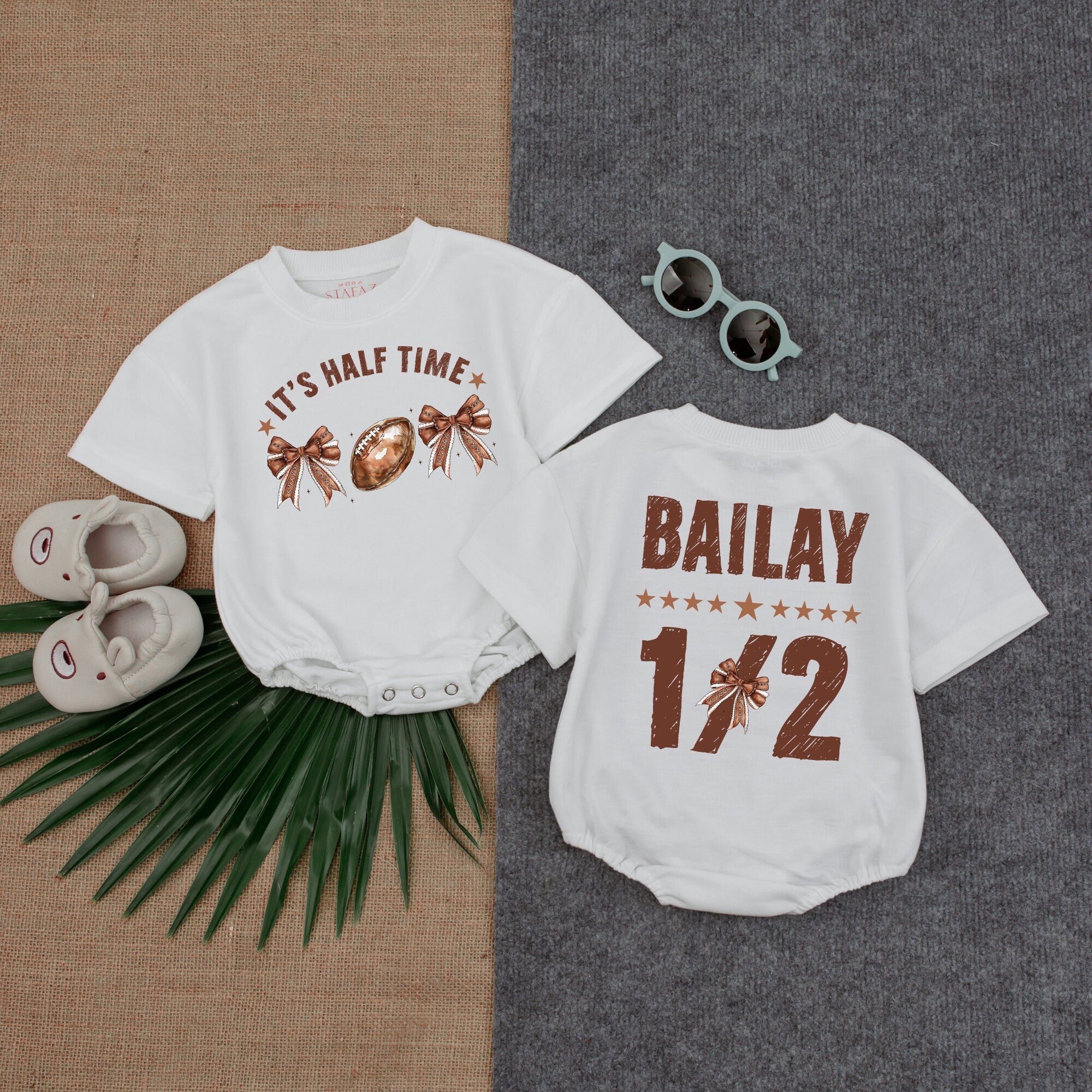 Personalized Halftime Romper for Girls Bow Football Theme Baby's Half Birthday Game Day Outfit Comfortable Soft Cotton