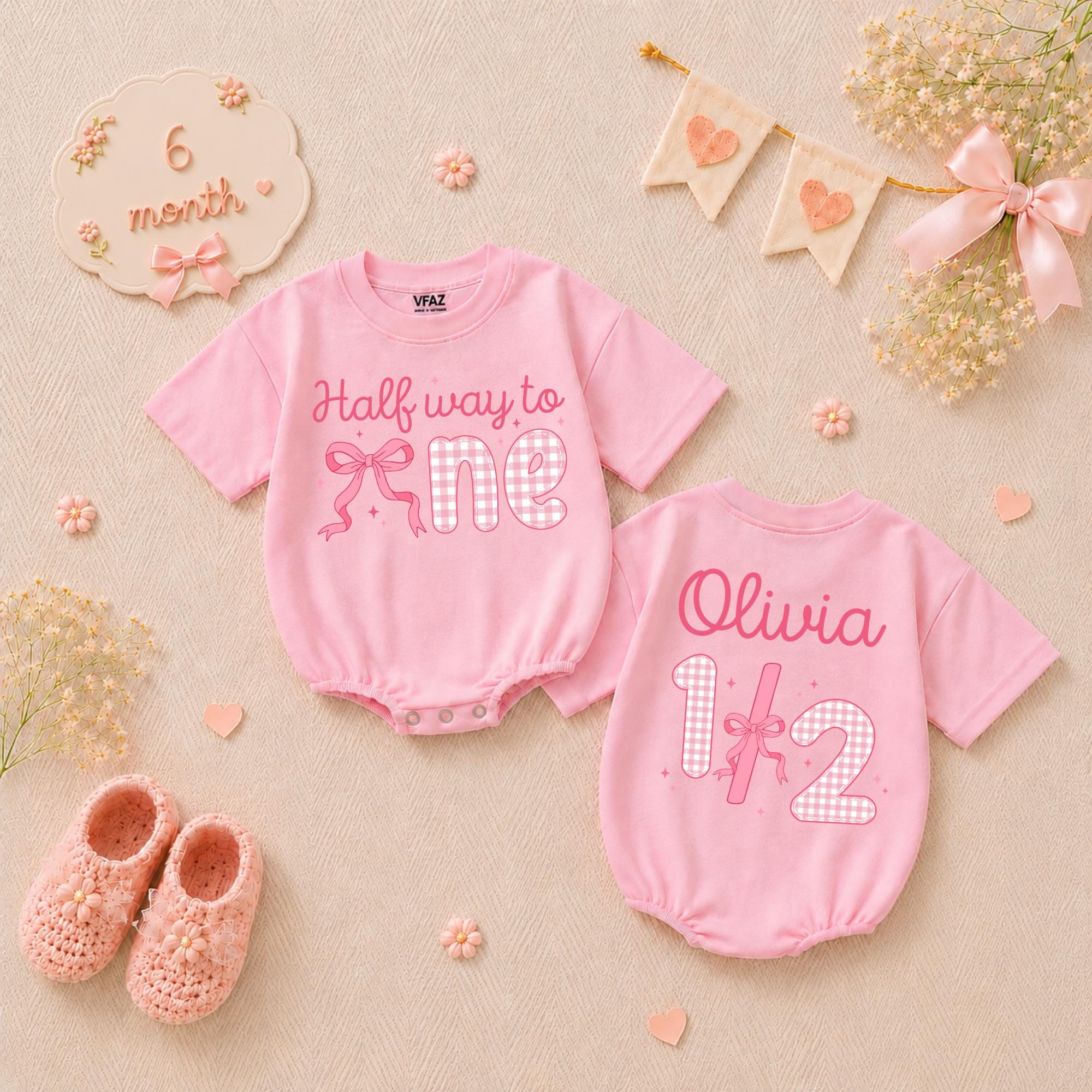 Personalized Halfway to One Baby Girl Romper with Pink Bow Gingham Design, Custom Name 1/2 Birthday Outfit Soft Cotton Infant Clothes
