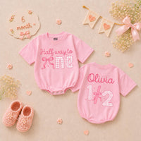 Personalized Halfway to One Baby Girl Romper with Pink Bow Gingham Design, Custom Name 1/2 Birthday Outfit Soft Cotton Infant Clothes