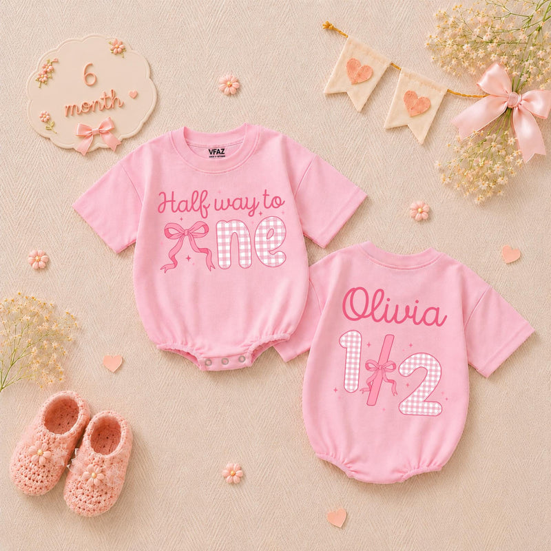 Personalized Halfway to One Baby Girl Romper with Pink Bow Gingham Design, Custom Name 1/2 Birthday Outfit Soft Cotton Infant Clothes
