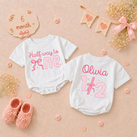 Personalized Halfway to One Baby Girl Romper with Pink Bow Gingham Design, Custom Name 1/2 Birthday Outfit Soft Cotton Infant Clothes