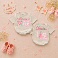 Personalized Halfway to One Baby Girl Romper with Pink Bow Gingham Design, Custom Name 1/2 Birthday Outfit Soft Cotton Infant Clothes