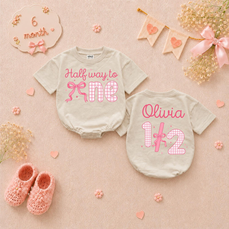 Personalized Halfway to One Baby Girl Romper with Pink Bow Gingham Design, Custom Name 1/2 Birthday Outfit Soft Cotton Infant Clothes