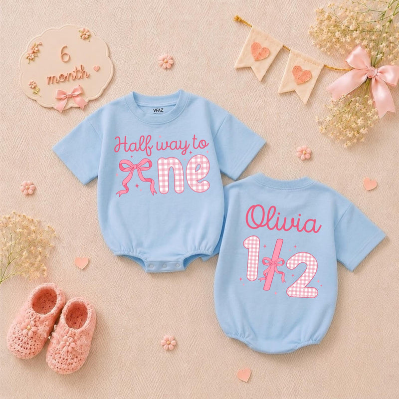 Personalized Halfway to One Baby Girl Romper with Pink Bow Gingham Design, Custom Name 1/2 Birthday Outfit Soft Cotton Infant Clothes