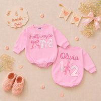 Personalized Halfway to One Baby Girl Romper with Pink Bow Gingham Design, Custom Name 1/2 Birthday Outfit Soft Cotton Infant Clothes