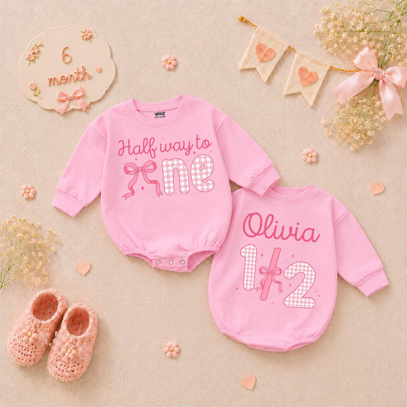 Personalized Halfway to One Baby Girl Romper with Pink Bow Gingham Design, Custom Name 1/2 Birthday Outfit Soft Cotton Infant Clothes