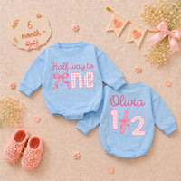 Personalized Halfway to One Baby Girl Romper with Pink Bow Gingham Design, Custom Name 1/2 Birthday Outfit Soft Cotton Infant Clothes