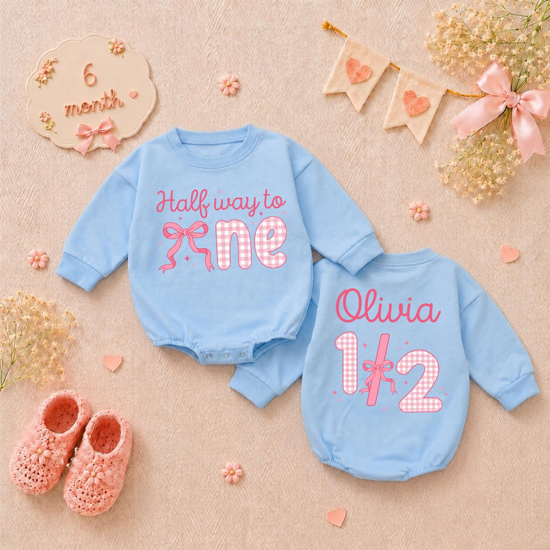 Personalized Halfway to One Baby Girl Romper with Pink Bow Gingham Design, Custom Name 1/2 Birthday Outfit Soft Cotton Infant Clothes