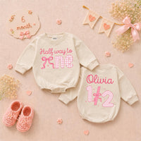 Personalized Halfway to One Baby Girl Romper with Pink Bow Gingham Design, Custom Name 1/2 Birthday Outfit Soft Cotton Infant Clothes
