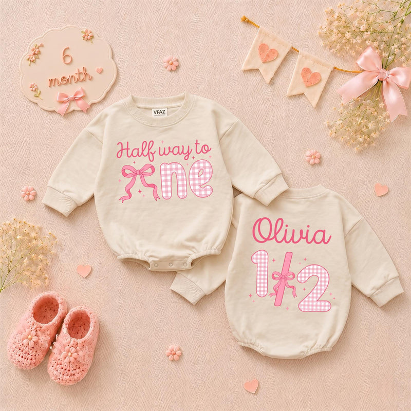 Personalized Halfway to One Baby Girl Romper with Pink Bow Gingham Design, Custom Name 1/2 Birthday Outfit Soft Cotton Infant Clothes