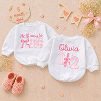 Personalized Halfway to One Baby Girl Romper with Pink Bow Gingham Design, Custom Name 1/2 Birthday Outfit Soft Cotton Infant Clothes