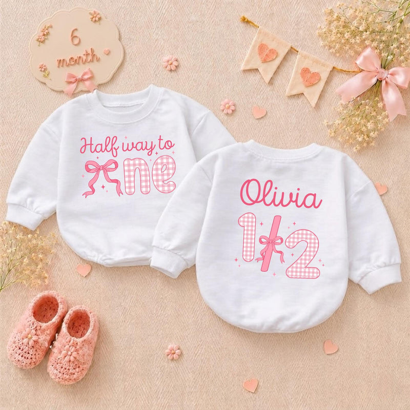 Personalized Halfway to One Baby Girl Romper with Pink Bow Gingham Design, Custom Name 1/2 Birthday Outfit Soft Cotton Infant Clothes