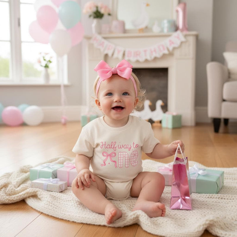 Personalized Halfway to One Baby Girl Romper with Pink Bow Gingham Design, Custom Name 1/2 Birthday Outfit Soft Cotton Infant Clothes