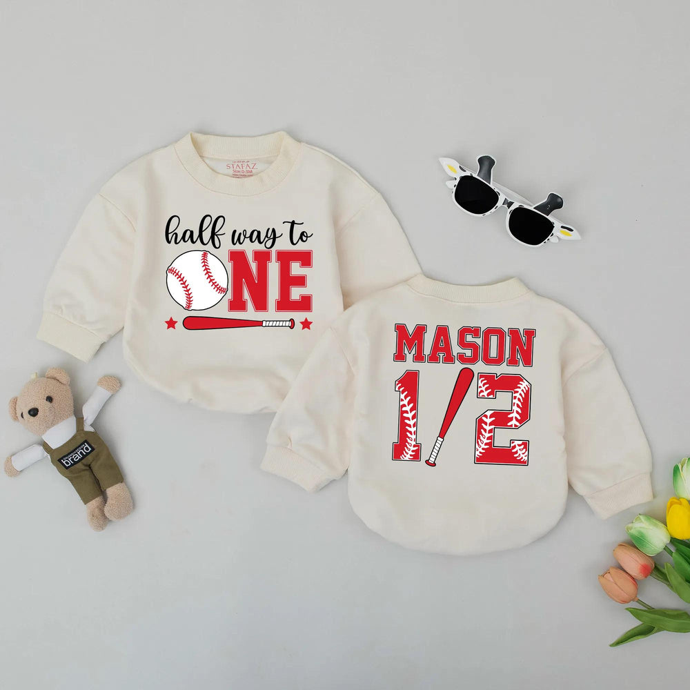 Personalized Halfway to One Baseball Romper Baby 6 Months Milestone Outfit Custom Name Bodysuit Birthday Gift Red White Design