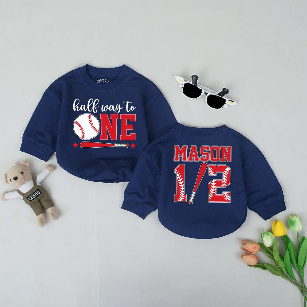 Personalized Halfway to One Baseball Romper Baby 6 Months Milestone Outfit Custom Name Bodysuit Birthday Gift Red White Design