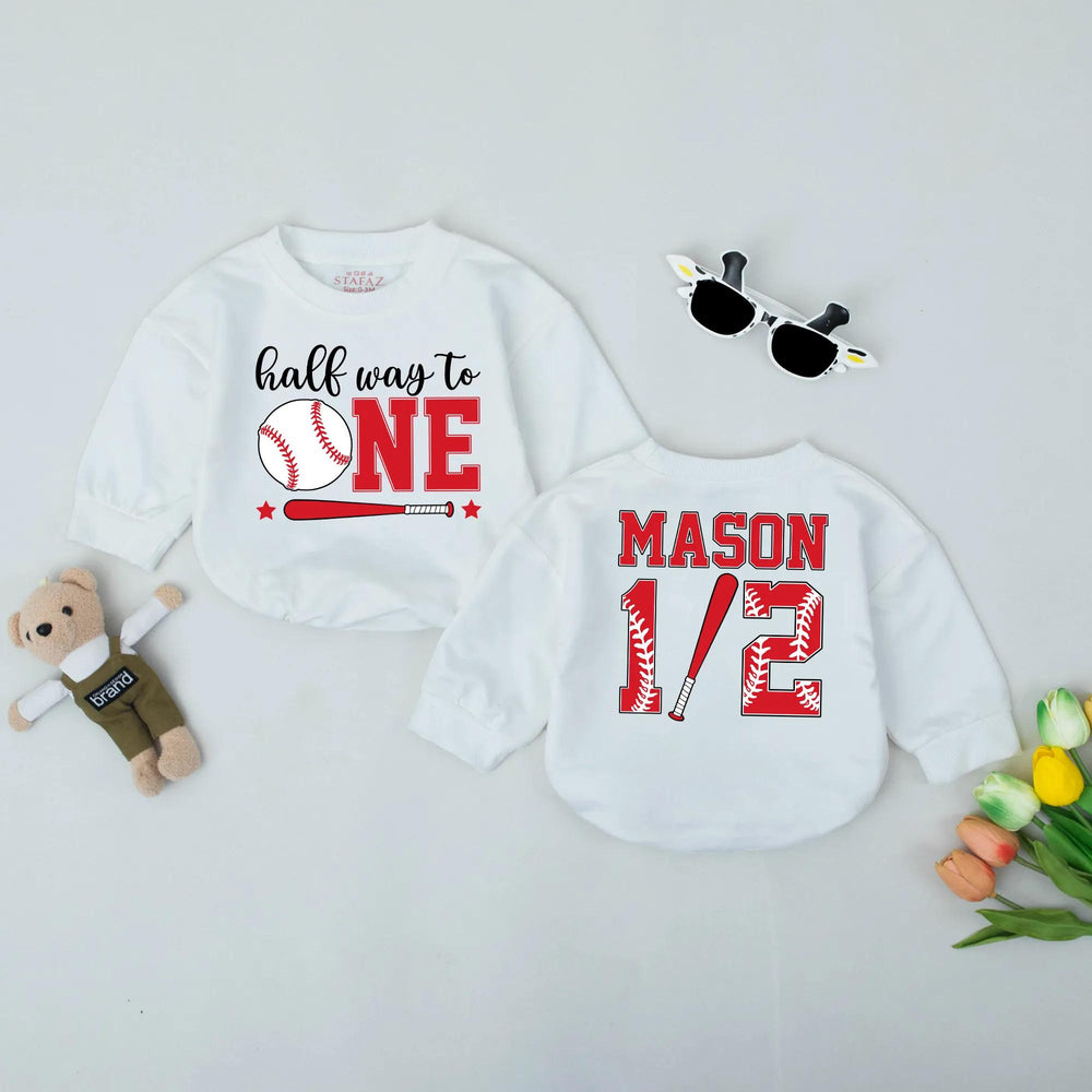 Personalized Halfway to One Baseball Romper Baby 6 Months Milestone Outfit Custom Name Bodysuit Birthday Gift Red White Design
