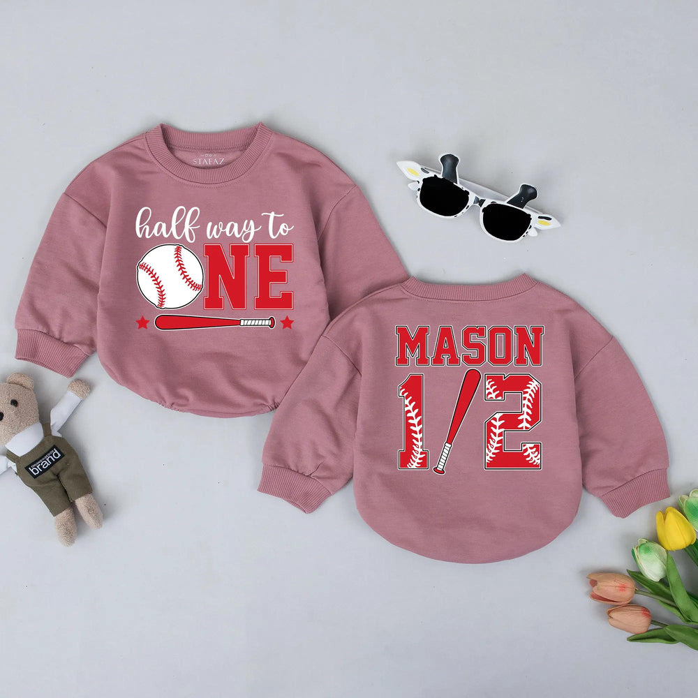 Personalized Halfway to One Baseball Romper Baby 6 Months Milestone Outfit Custom Name Bodysuit Birthday Gift Red White Design
